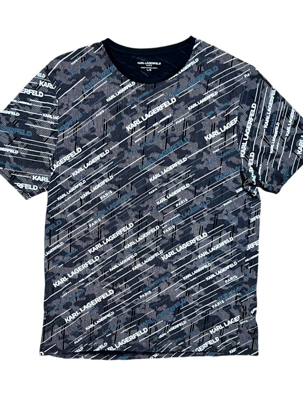 Karl Lagerfeld Paris All Over Print Logo Black White T-Shirt, Men's Large